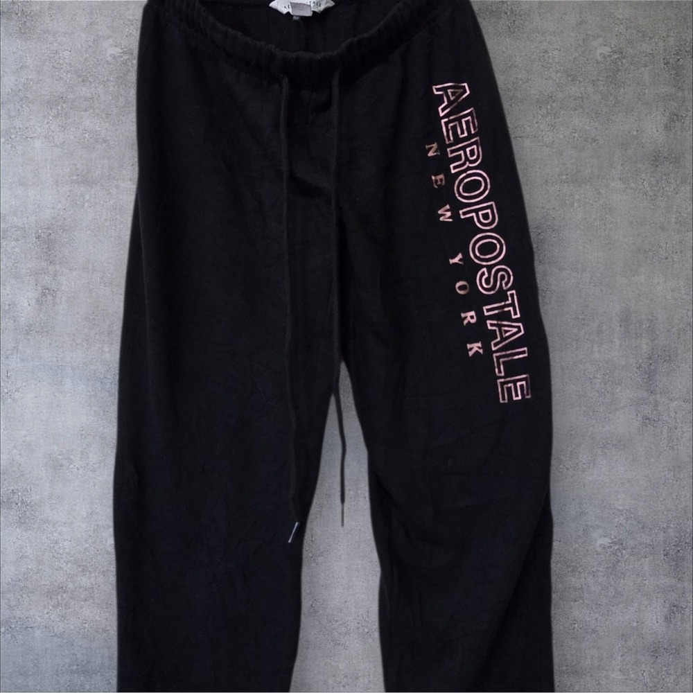 Aeropostale Womens XS Black Sweatpants Joggers Pink Metallic Graphic Logo Fleece - Picture 2 of 6
